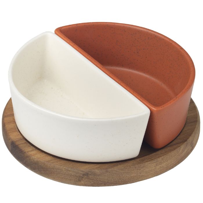 Evviva Set 2 ciotole 9 x 18 x 6 cm con supporto in legno Ø 20 cm