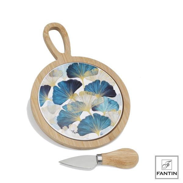 SET TAGLIERE IN CERAMICA C/BASE LEGNO FOGLIE GINKGO CM.15,5X22,3 Fantin