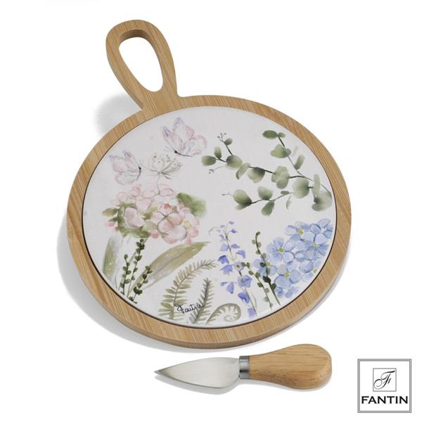 SET TAGLIERE IN CERAMICA C/BASE LEGNO ORTENSIA CM. 20X28 Fantin