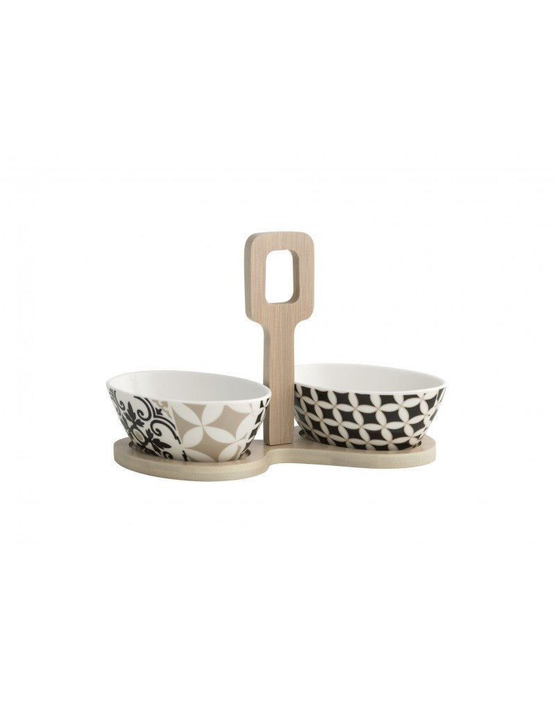 ANTIPASTIERA ALHAMBRA SET 2 PEZZI IN PORCELLANA CON SUPPORTO IN BAMBOO NATURALE BRANDANI
