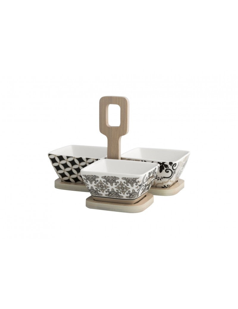 ANTIPASTIERA ALHAMBRA SET 3 PEZZI IN PORCELLANA CON SUPPORTO IN BAMBOO NATURALE BRANDANI